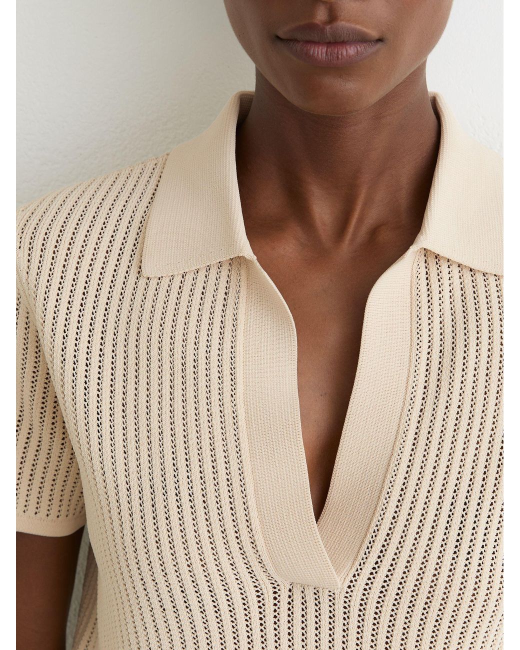Reiss Blue Pippa - Ivory Open-stitch Knitted Polo Top, M (us 8-10)