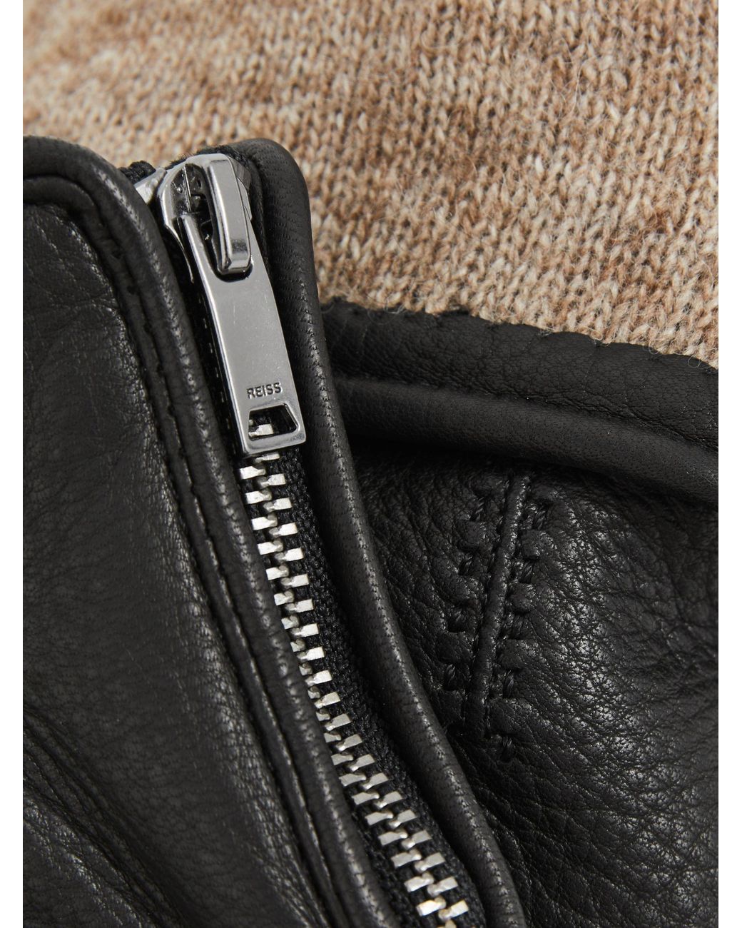 Reiss Black Leather Zip-Side Gloves for men