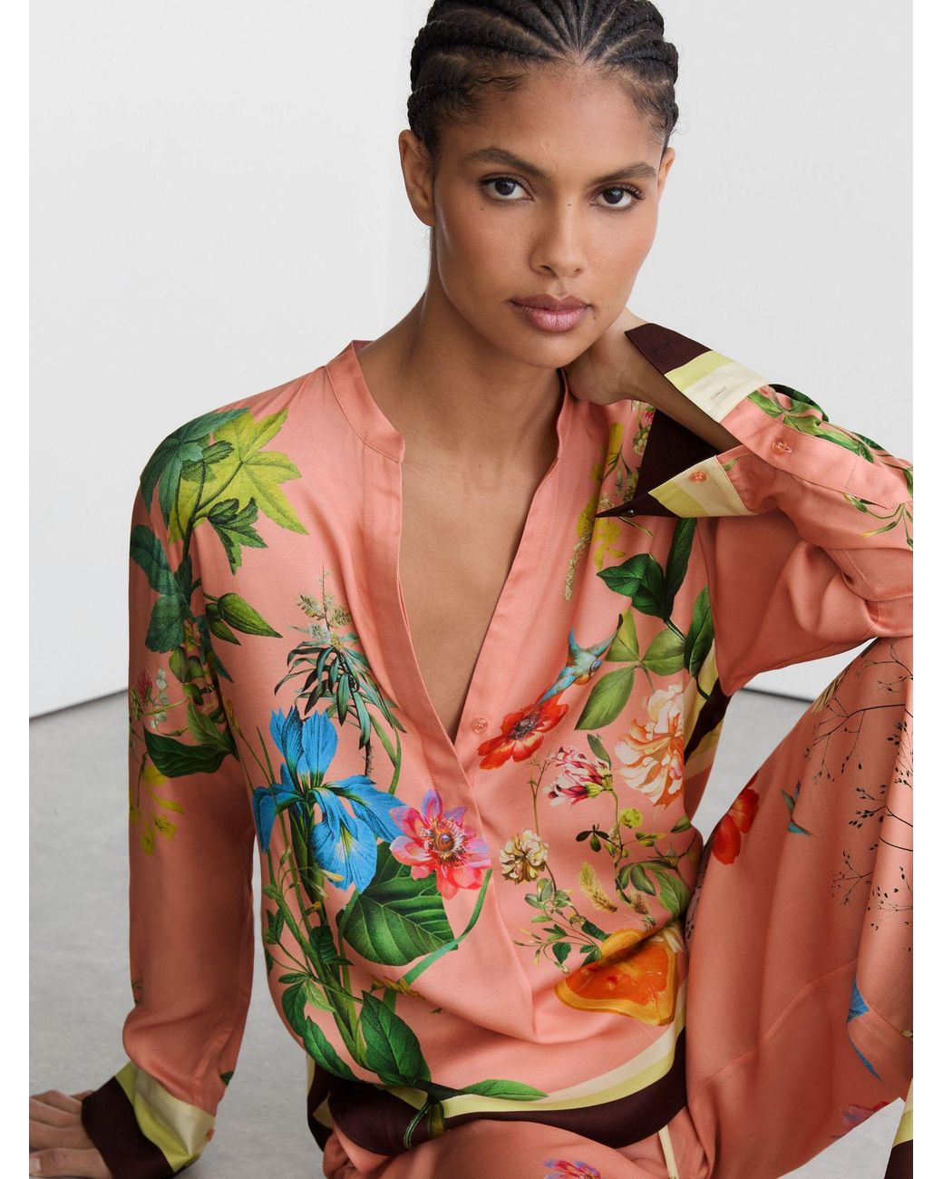 Reiss Pink Tropical Scarf-Print Half-Button Shirt