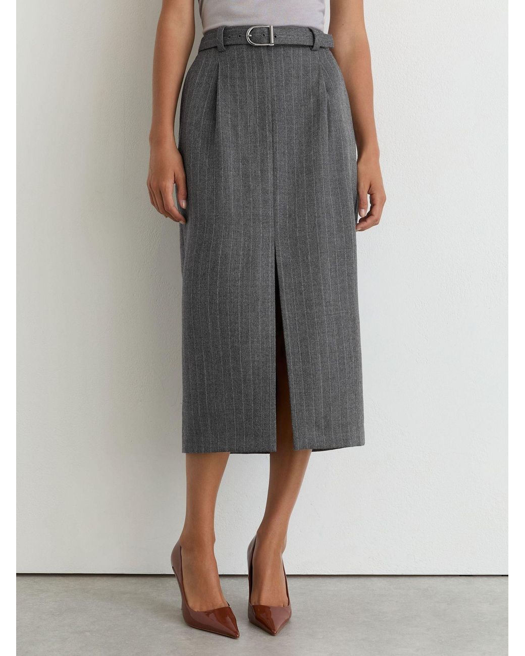 Reiss Gray Petite Wool Pinstripe Belted Pencil Skirt