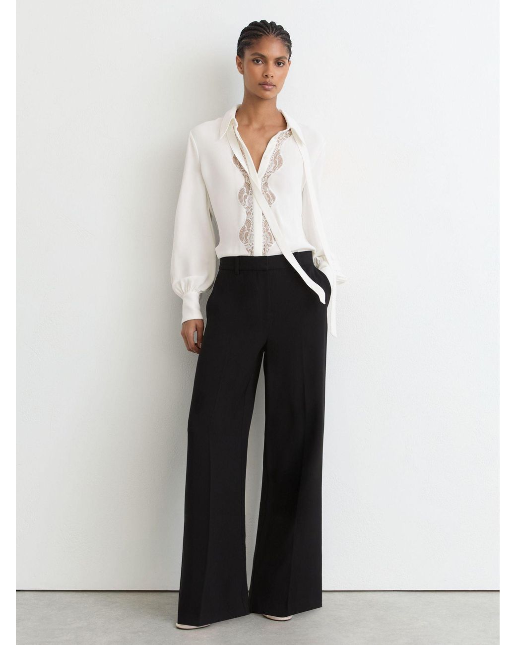 Reiss White Lace-Trim Tie-Neck Blouson Shirt