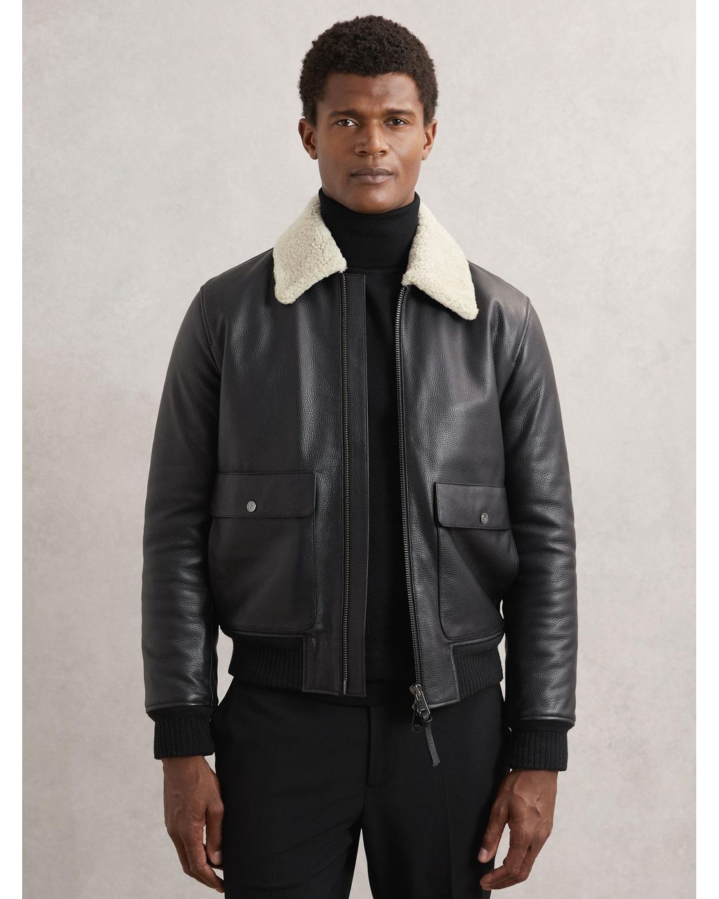 Reiss Gray Leather Shearling-Collar Bomber Jacket for men