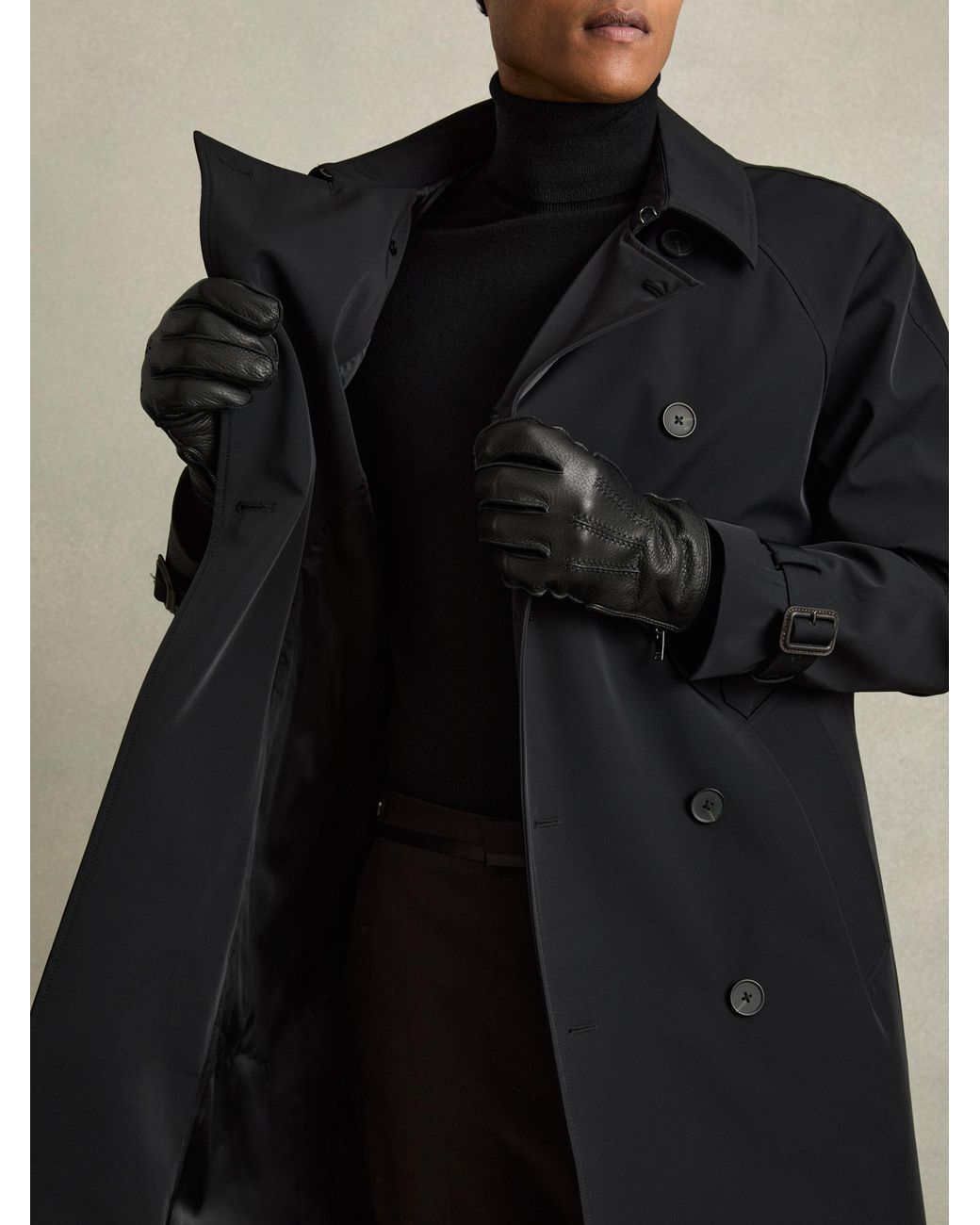 Reiss Black Leather Zip-Side Gloves for men