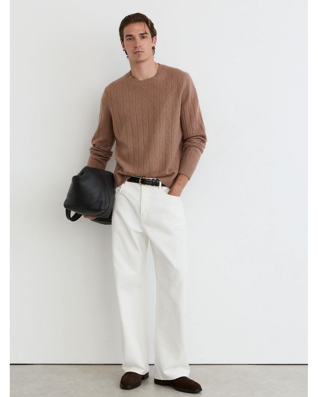 Reiss Brown Wool Twisted-Cable Crew-Neck Jumper for men