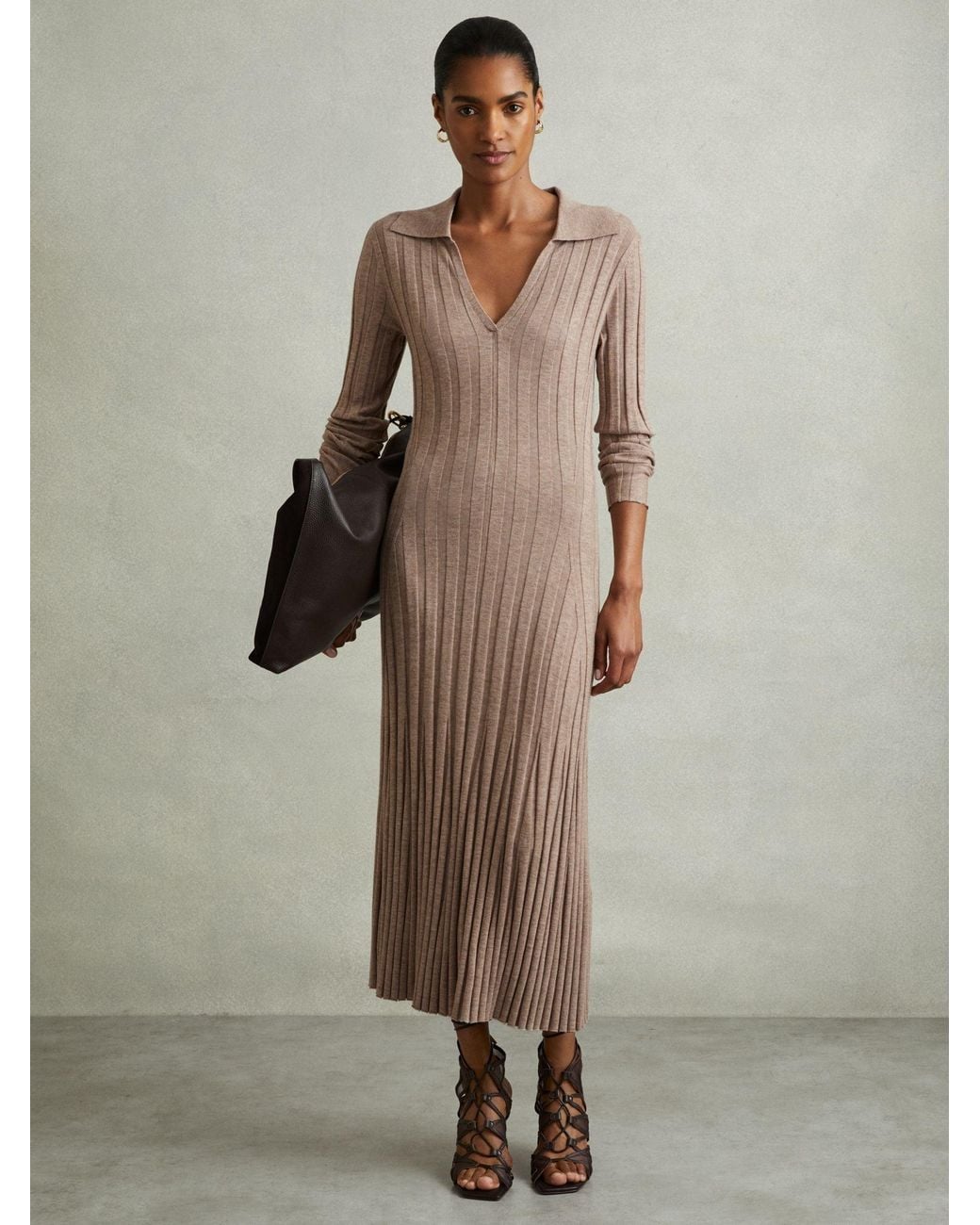 Reiss Natural Winnie - Neutral Petite Knitted Open Collar Midi Dress
