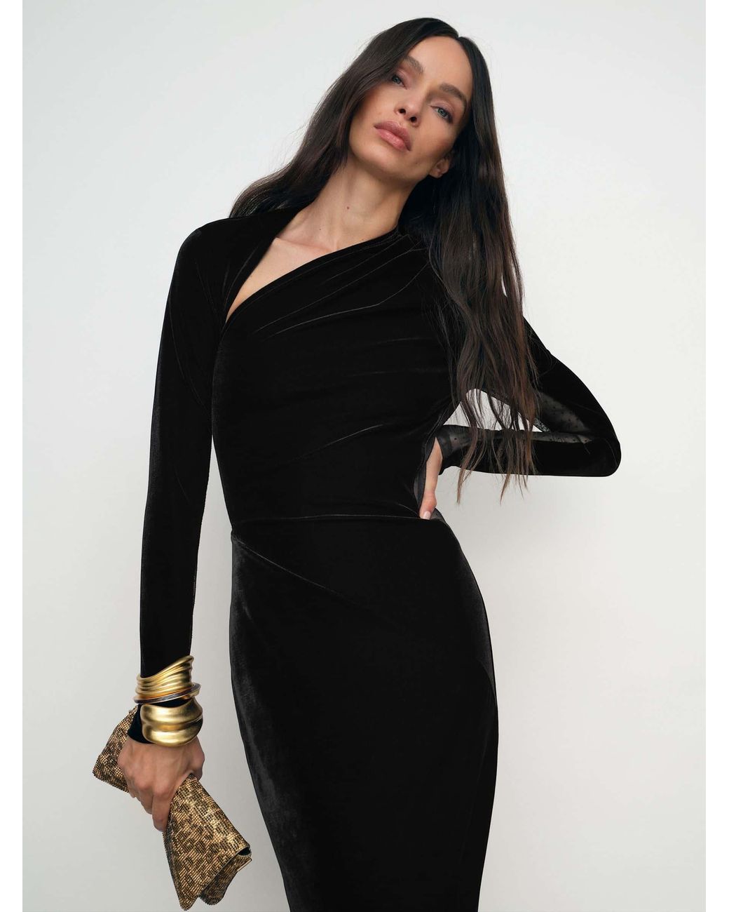 Reiss Black Velvet Sheer-Panel Cut-Out Midi Dress
