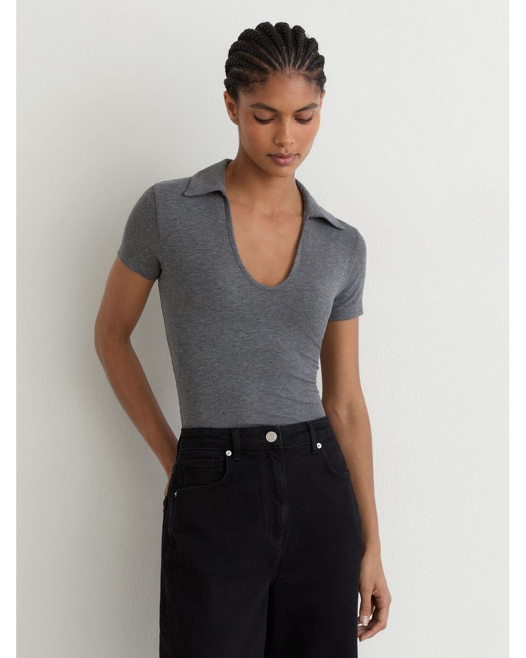 Reiss Black Scoop-Neck Jersey Polo Top