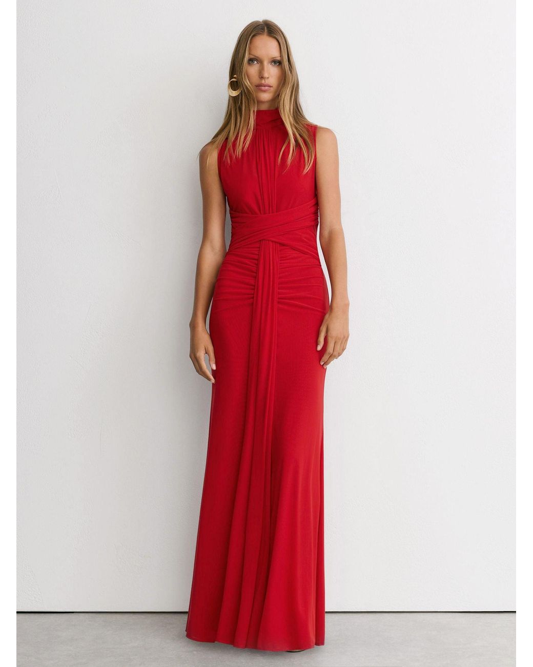 Reiss Red Petite Sheer Ruched Sleeveless Maxi Dress