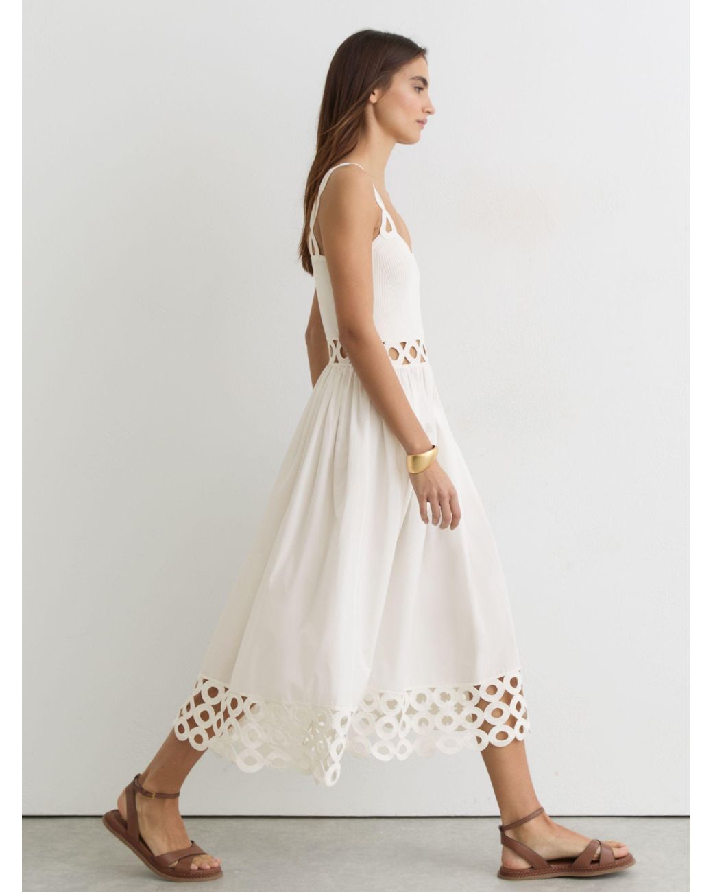 Reiss White Rita Rib-Knit Woven Mix Cut-Out Midi Dress