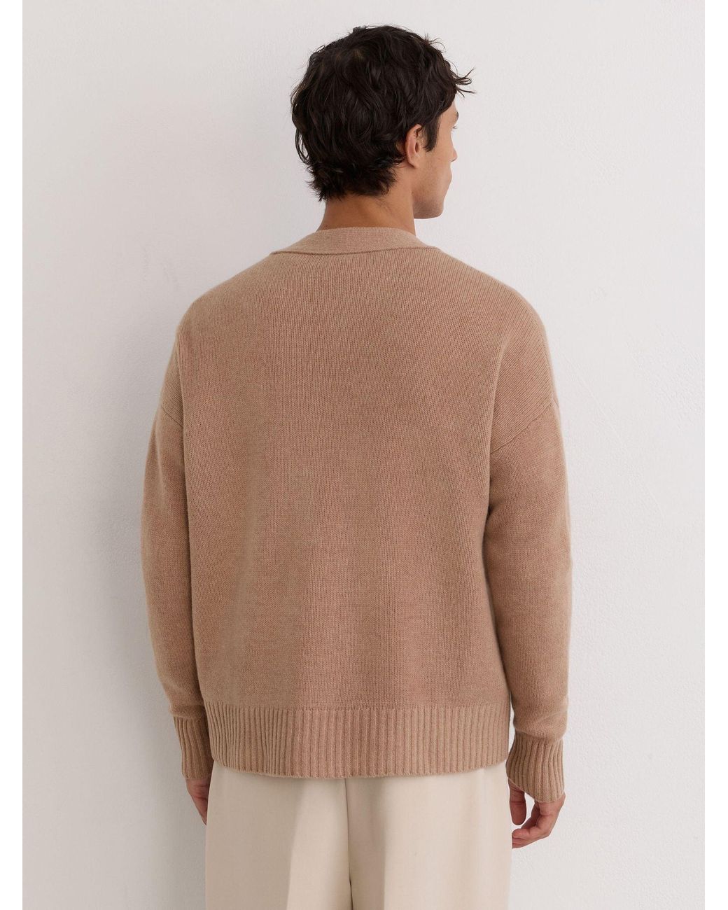 Reiss Natural Norris - Camel Brown Monogram Embroidered Relaxed Wool Cardigan, L for men