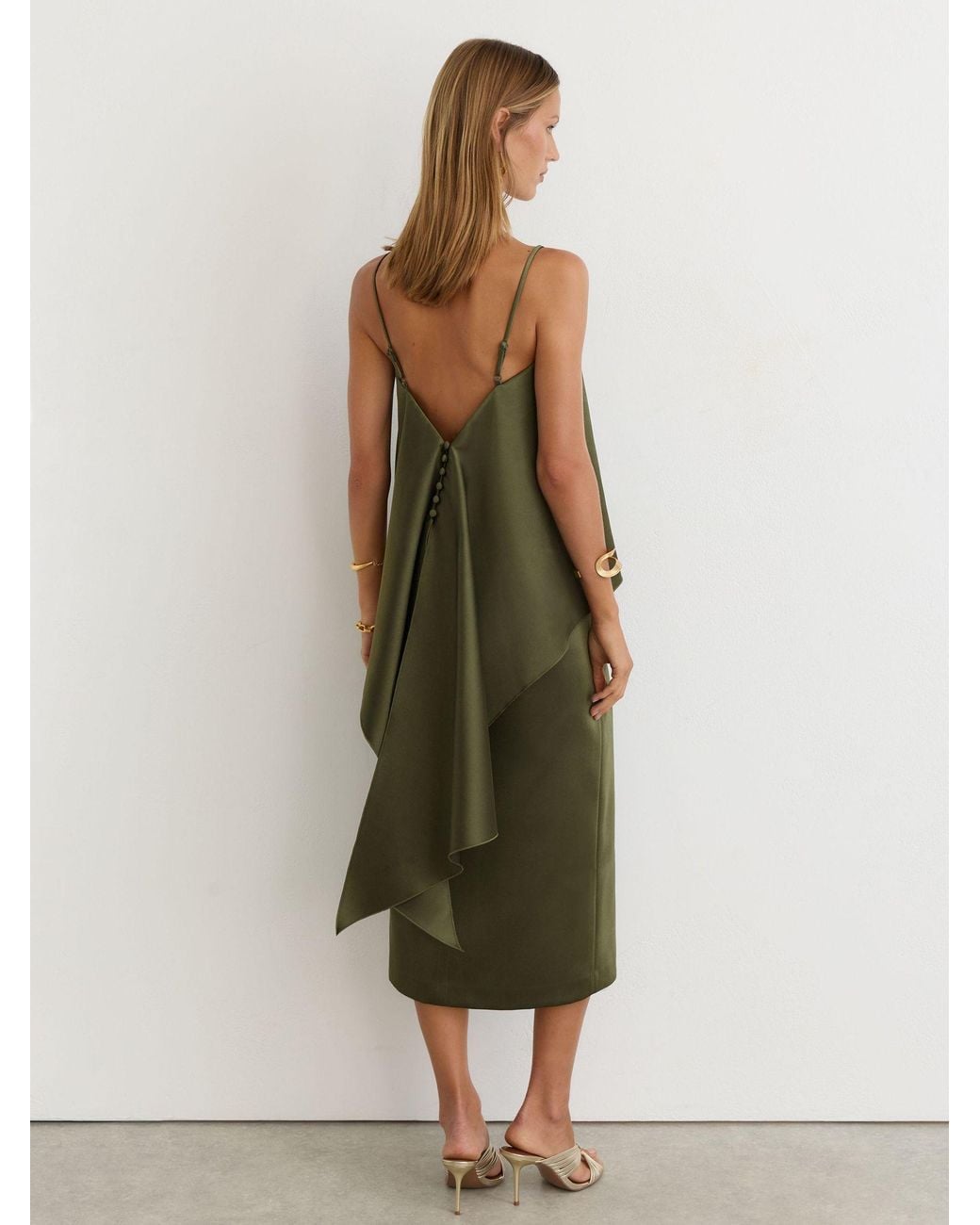 Reiss Green Satin Structured Drape-Back Top