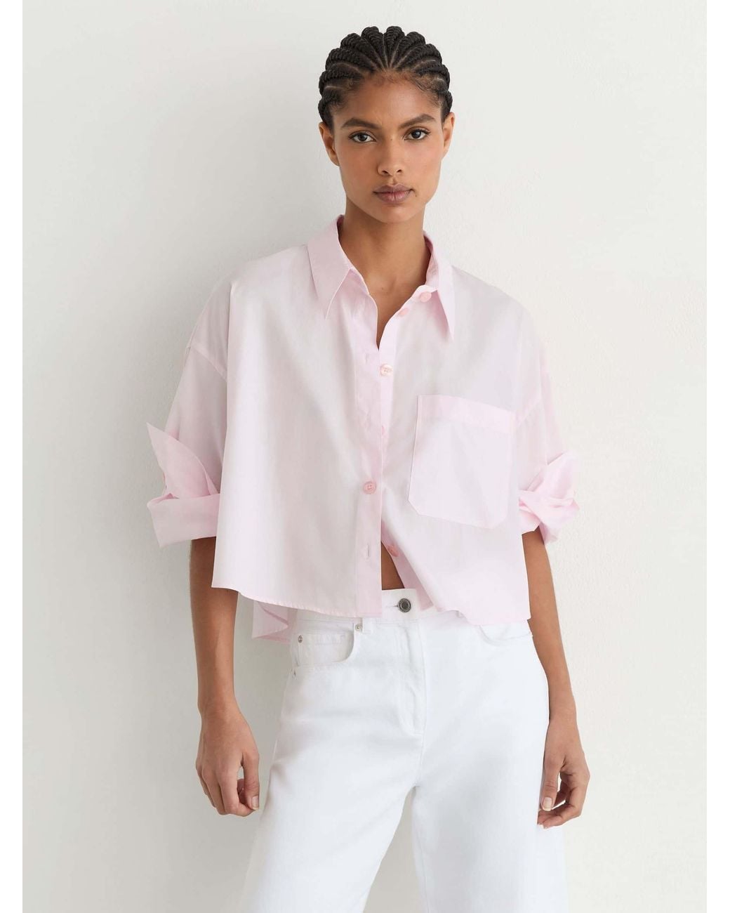 Reiss White Cotton Cropped Long-Sleeve Shirt