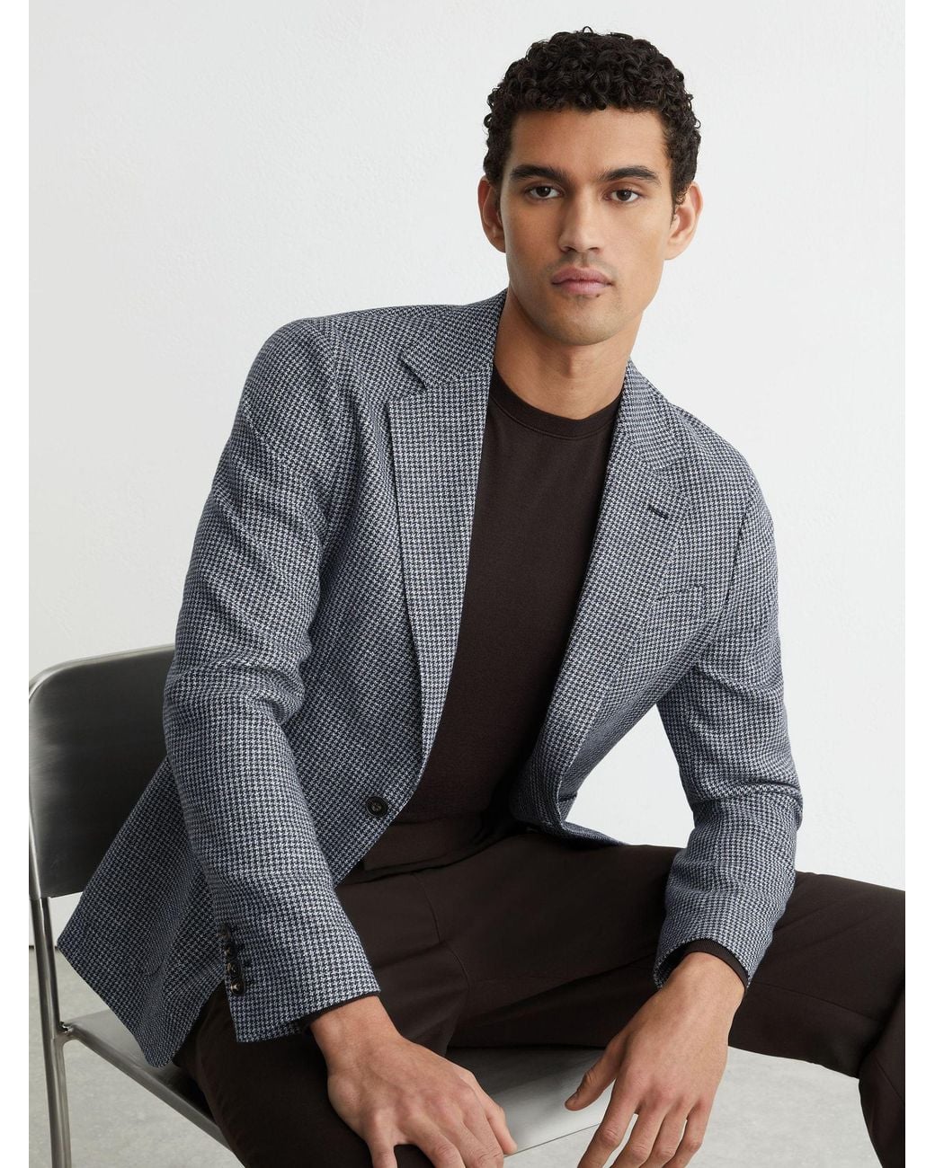 Reiss Gray Houndstooth Single-Breasted Blazer Cotton-Blend Tailored-Fit for men