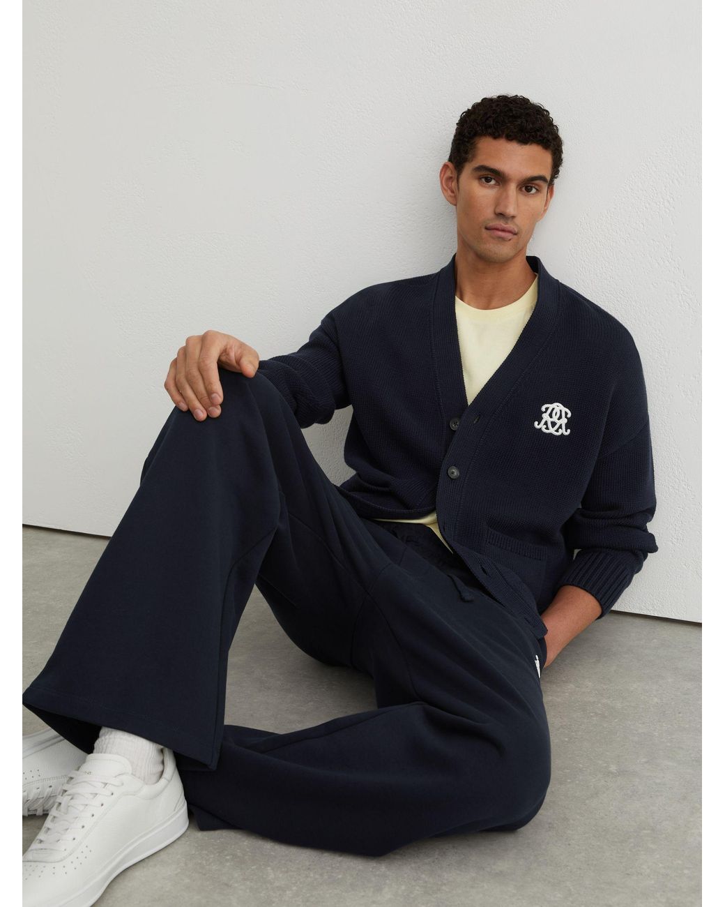 Reiss Blue Monogram-Embroidered Relaxed Cardigan for men