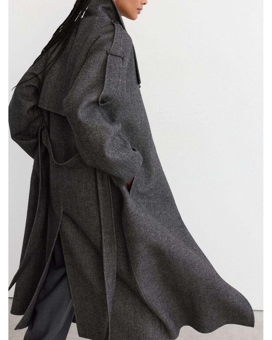 Reiss Gray Wool-Blend Herringbone Long Trench Coat