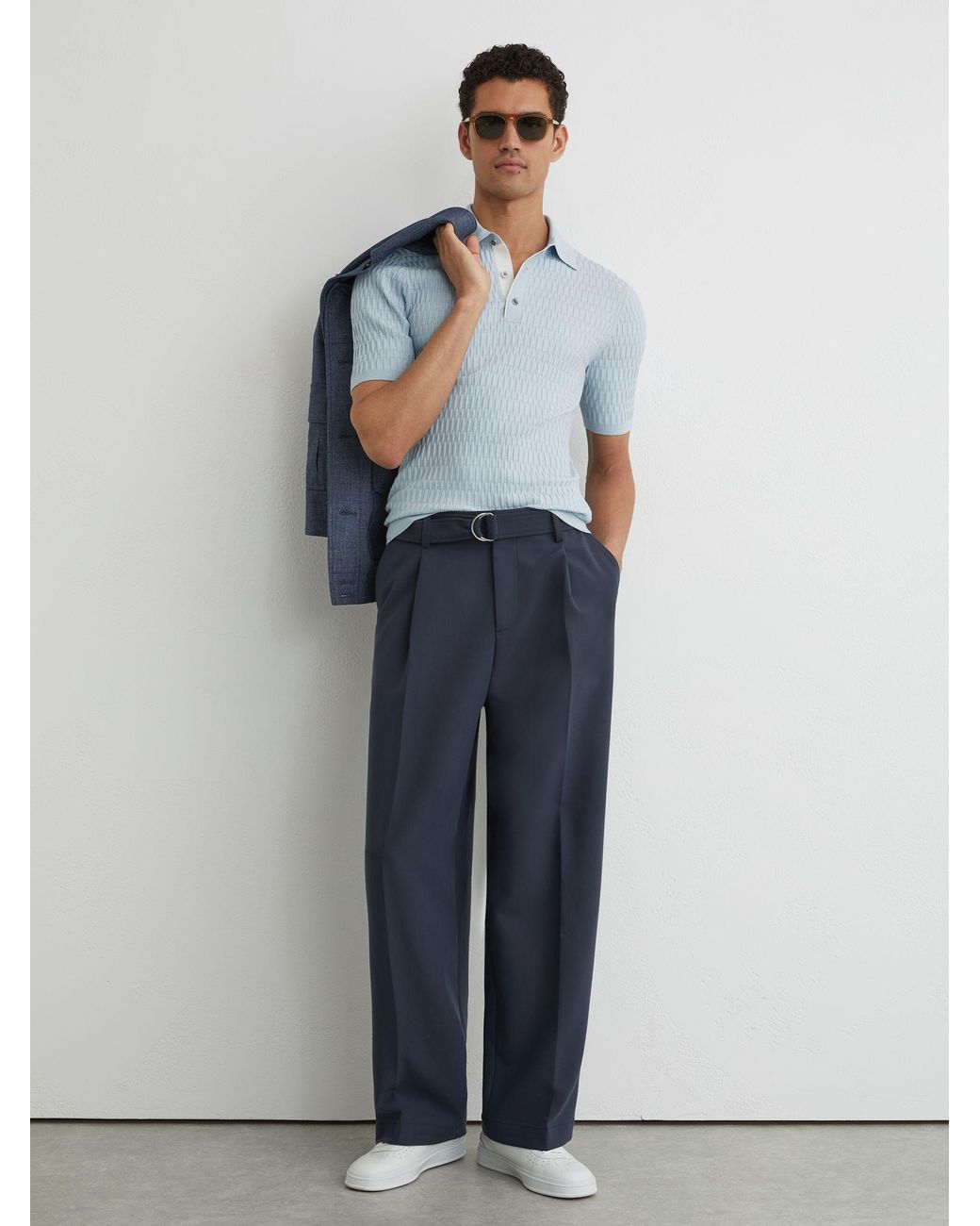 Reiss Blue Textured-Knit Half-Button Polo Shirt for men