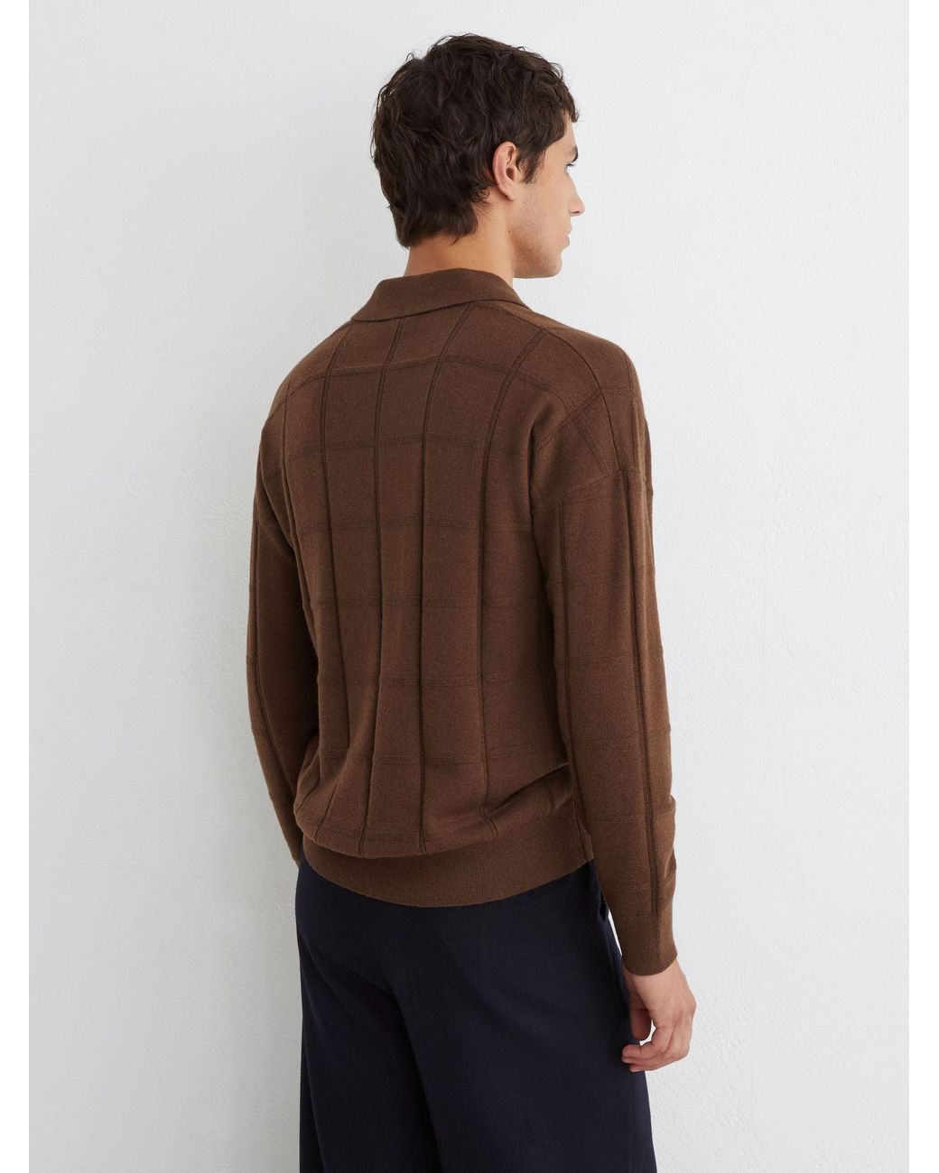 Reiss Brown Wool Square-Textured Open-Collar Polo Jumper for men