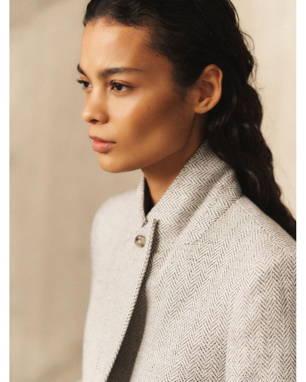Reiss White Herringbone Linen-Blend Cropped Suit Blazer