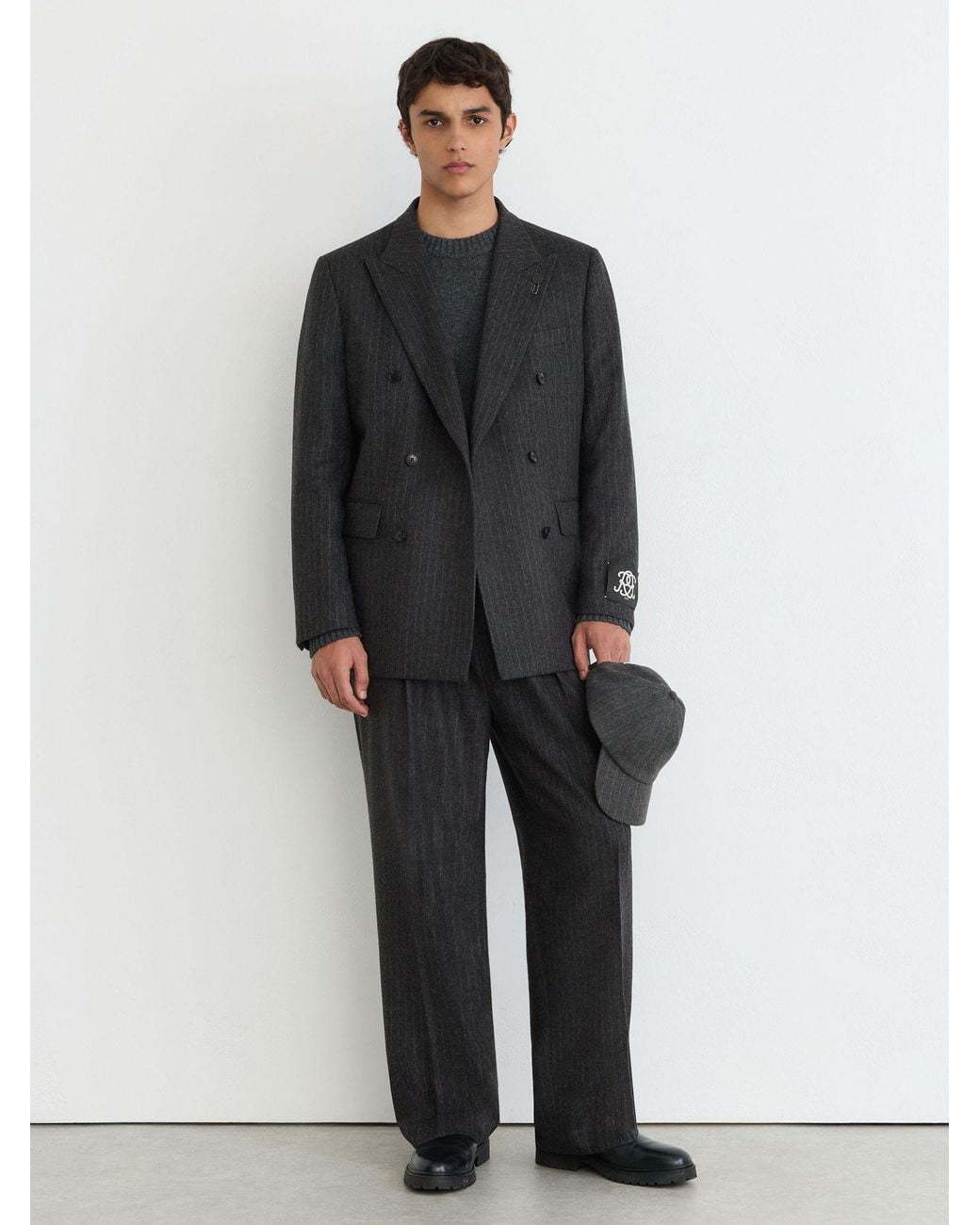 Reiss Green Monogram Wool-Blend Chalk-Stripe Double-Breasted Blazer Relaxed-Fit for men