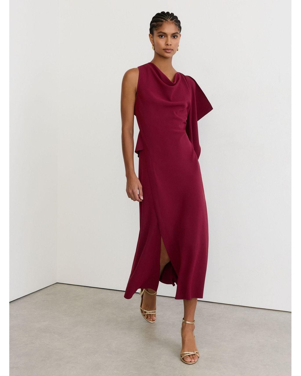 Reiss Red Emory Drape-Detail Cowl-Neck Midi Dress