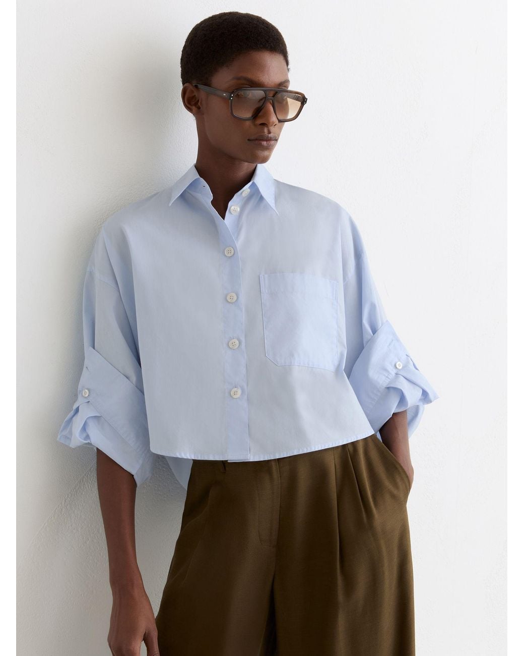 Reiss White Cotton Cropped Long-Sleeve Shirt