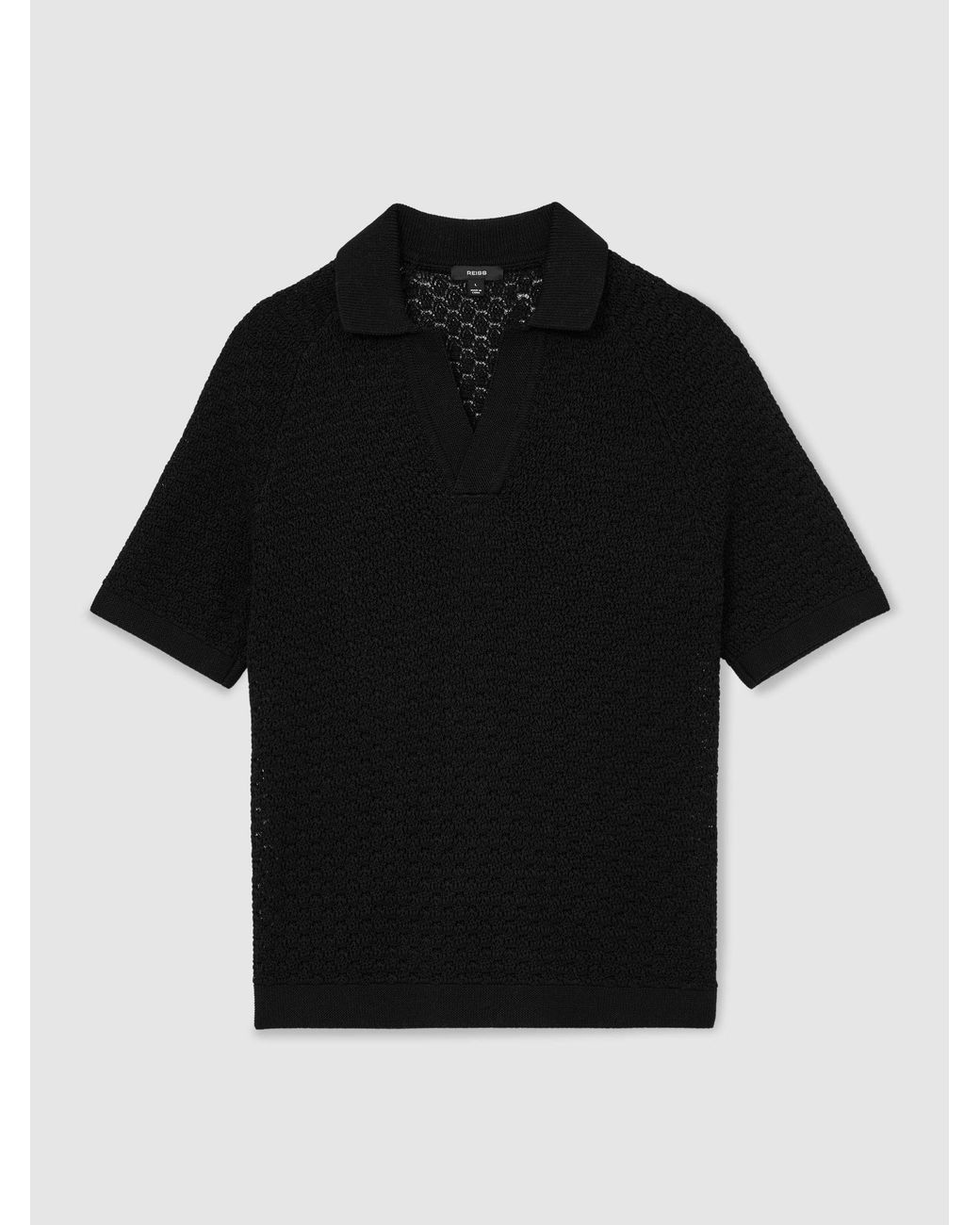 Reiss Black Cotton-Blend Crochet-Knit Polo for men