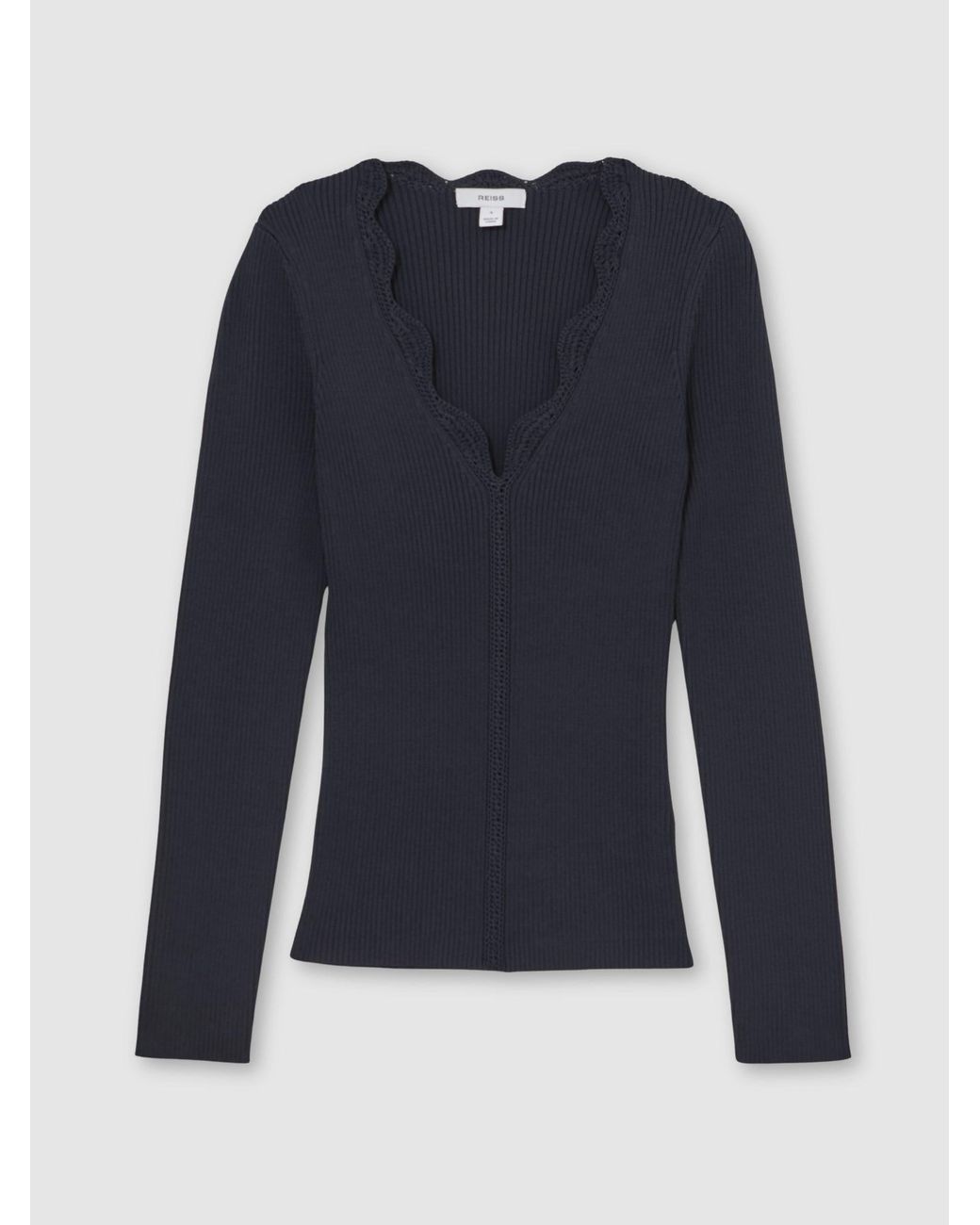 Reiss Blue Crochet-Trim Rib-Knit Top