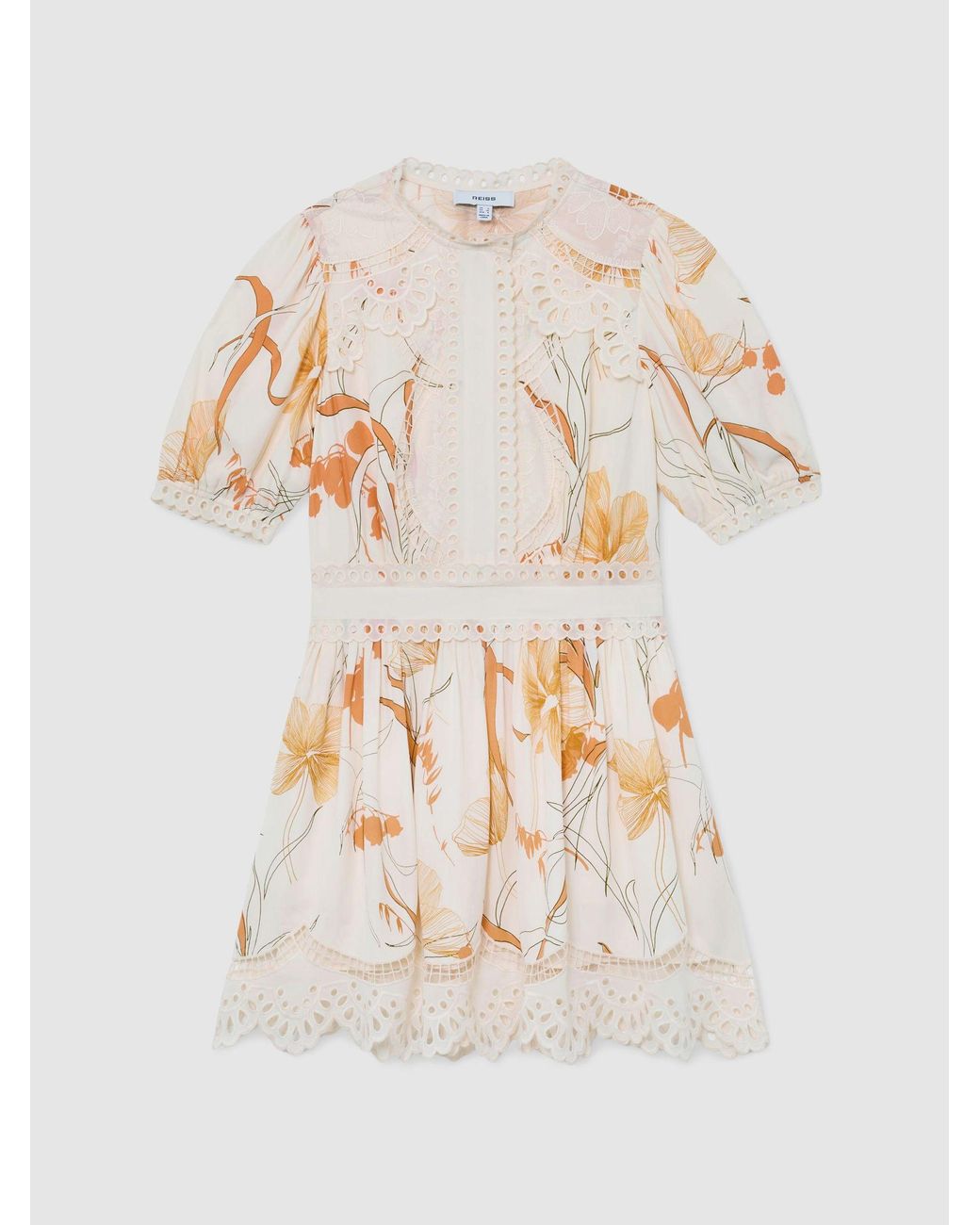 Reiss White Floral-Print Lace-Trim Mini Dress