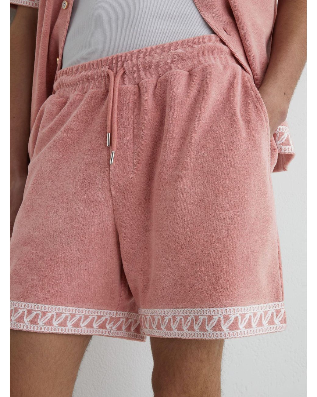 Reiss Yuma - Soft Pink Cotton-blend Towelling Embroidered Shorts, M for men