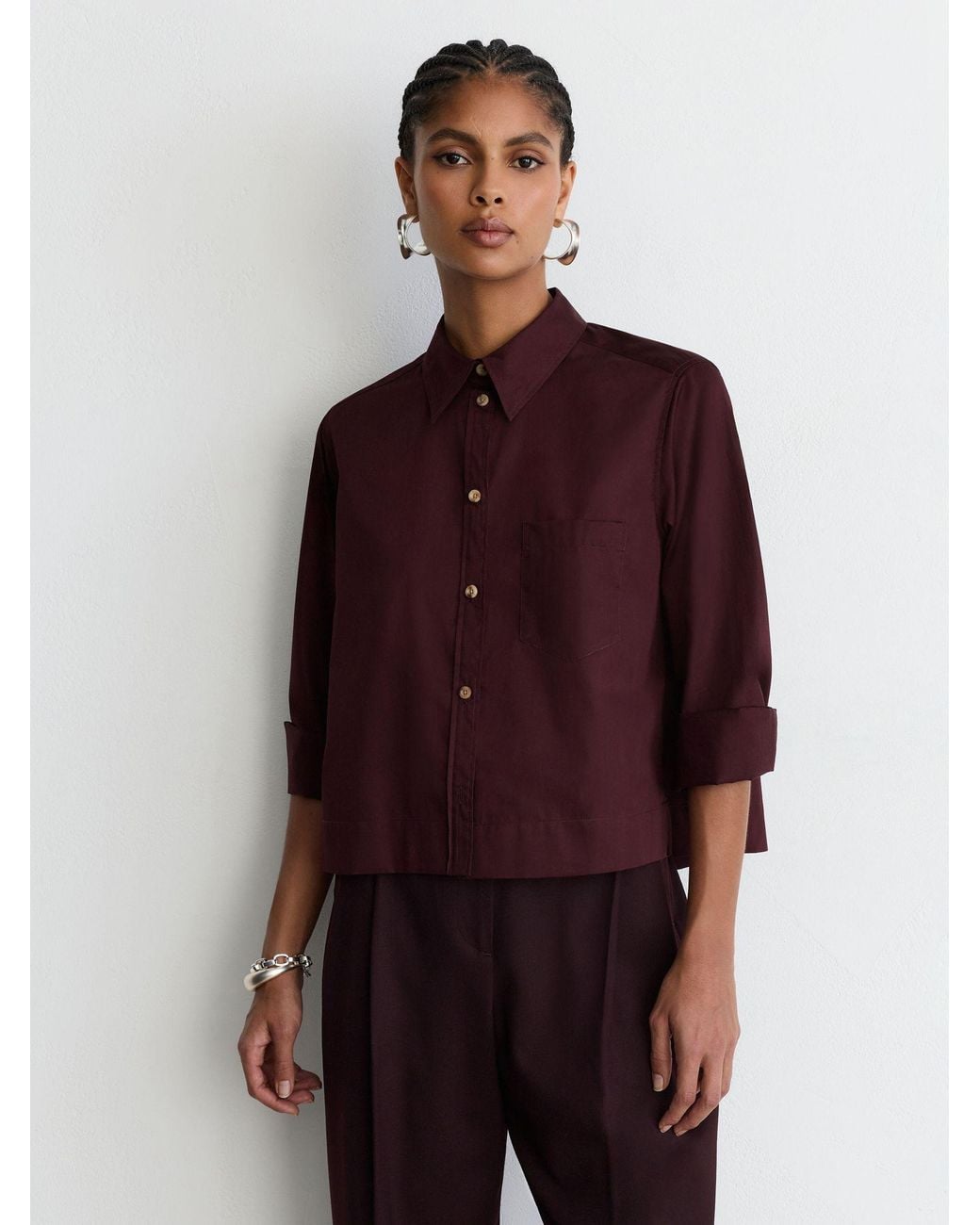 Reiss Red Cotton Cropped Long-Sleeve Shirt