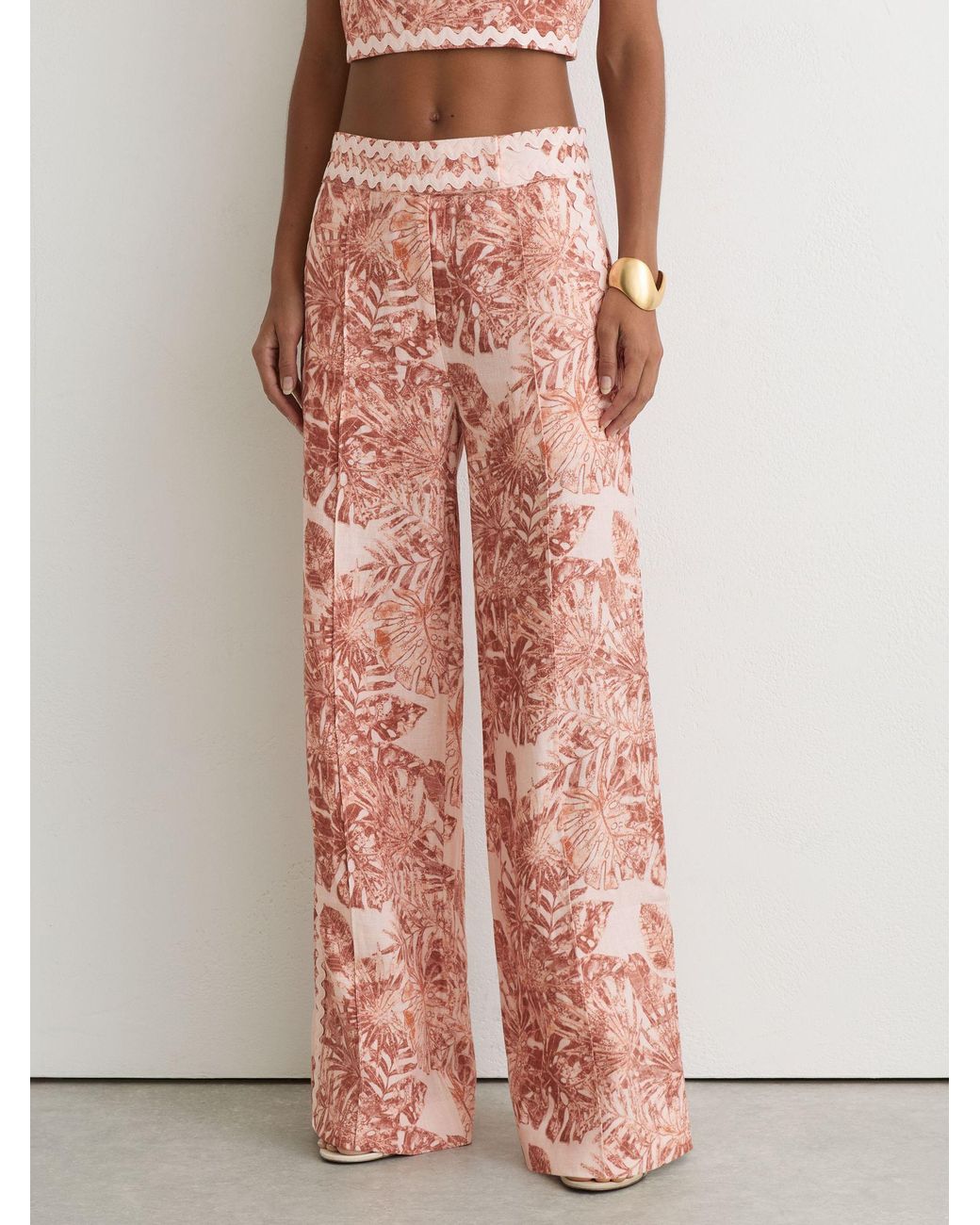 Reiss Multicolor Linen Wave-Trim Printed Wide-Leg Trousers