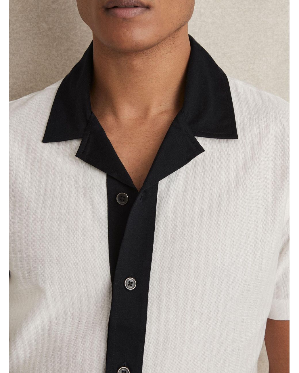 Reiss Natural Aster - White/navy Cotton Textured Colour-block Shirt, S for men