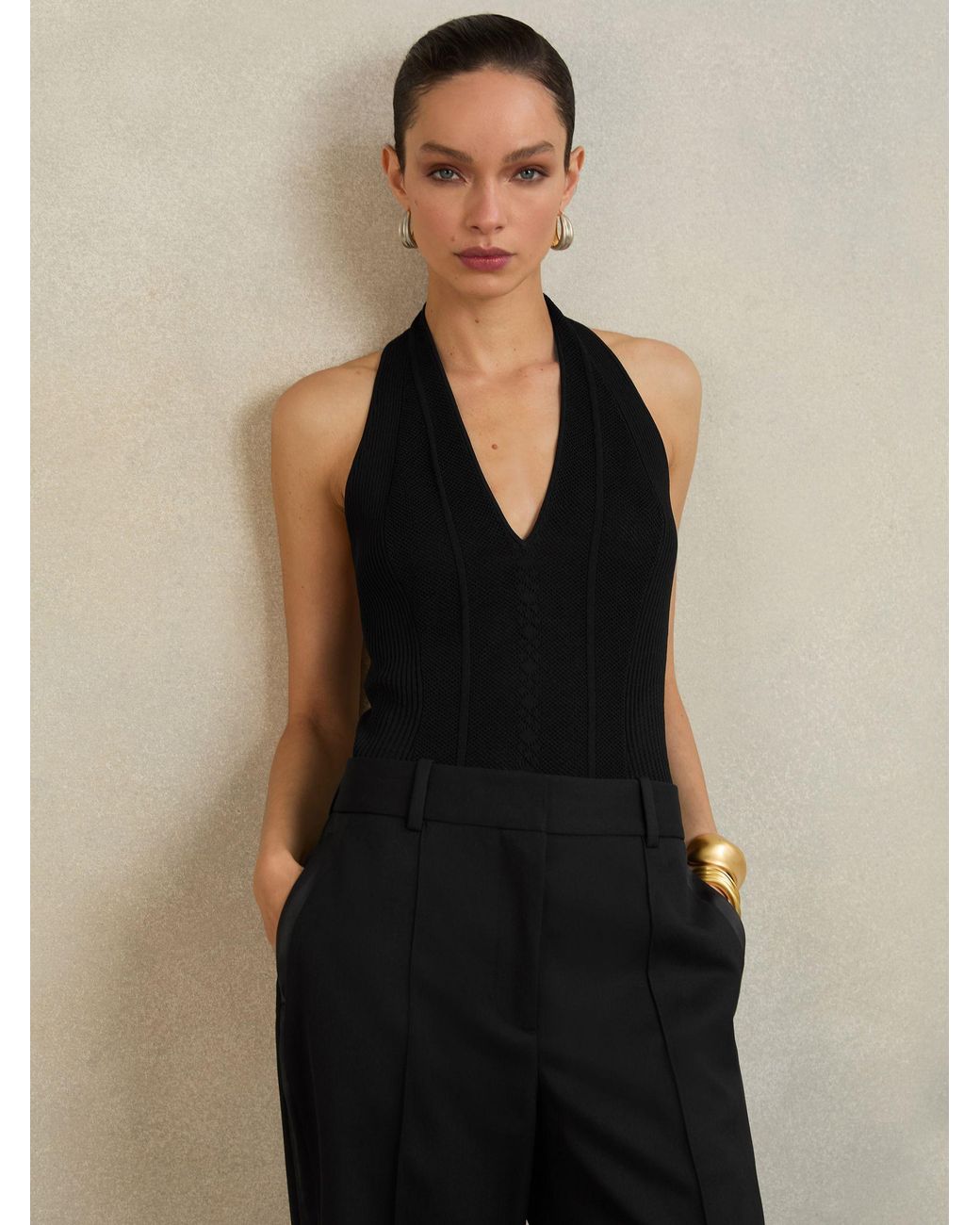 Reiss Black Atelier Stitch-Detail Halter Bodysuit