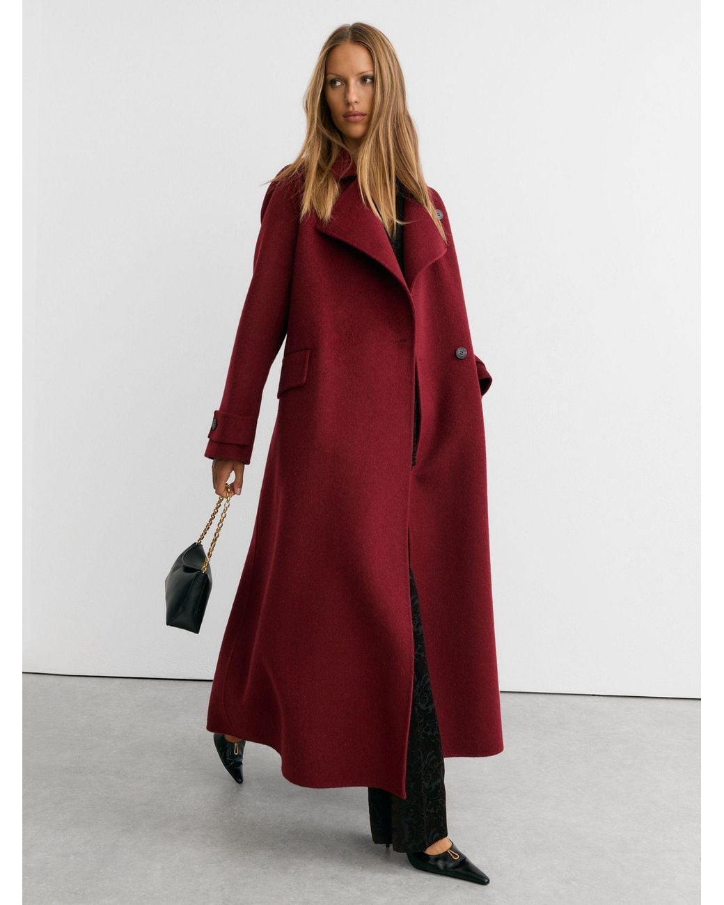 Reiss Red Wool-Blend Blindseam Long Coat