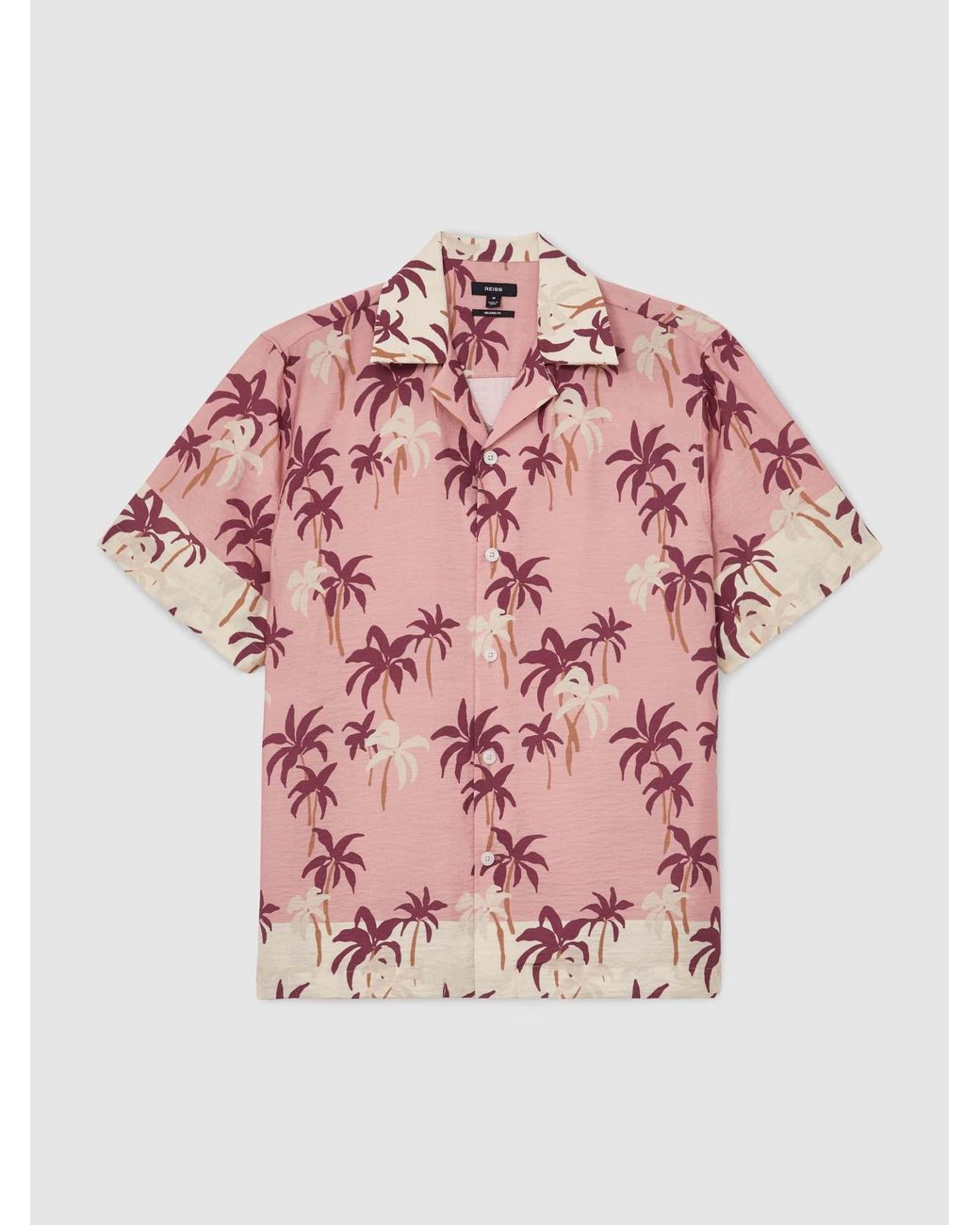 Reiss Pink Madrona Palm-Print Cuban-Collar Shirt for men