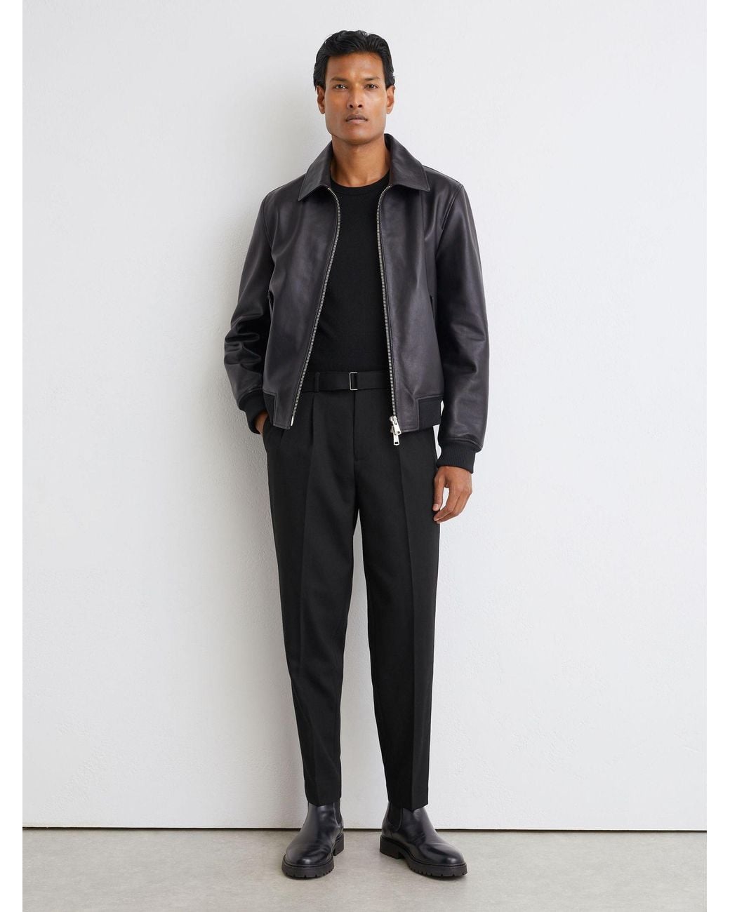 Reiss Blue Tailored Fit Wool-Blend Belted Pleated Trousers for men