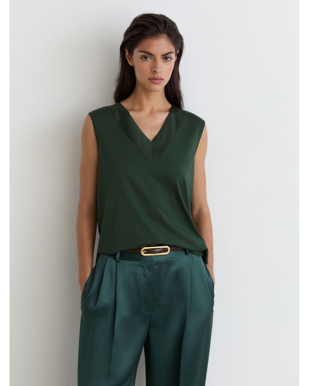 Reiss Kallie - Teal Green Cotton-modal Silk-trim Sleeveless Top, M (us 8-10)