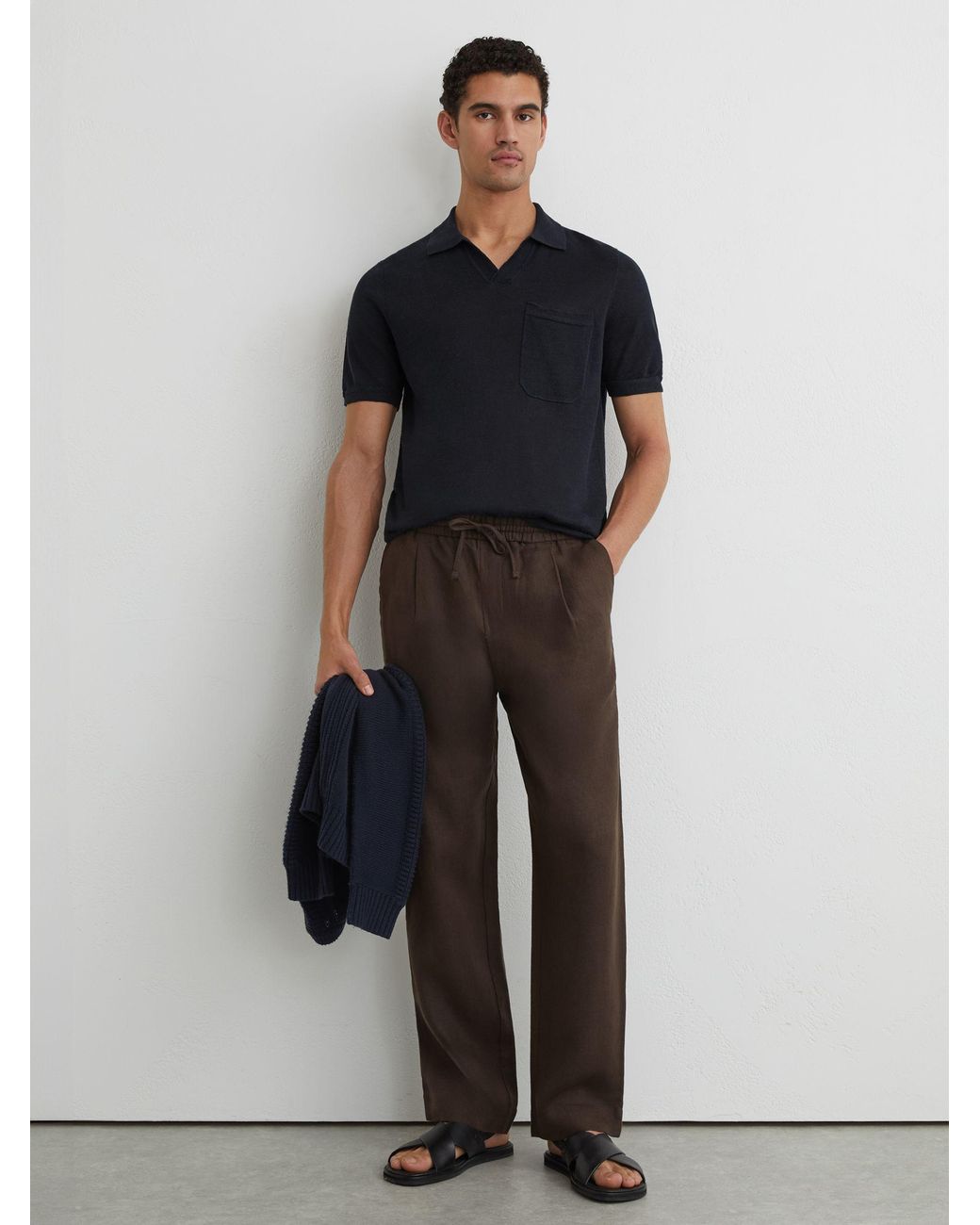 Reiss Black Fairmont - Navy Linen Open-collar Knit Polo Shirt, L for men