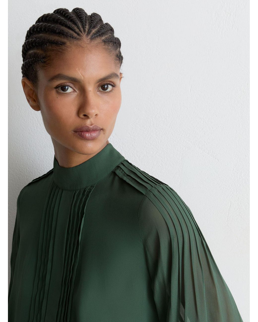 Reiss Green Pintuck-Detail Tie-Back Blouse