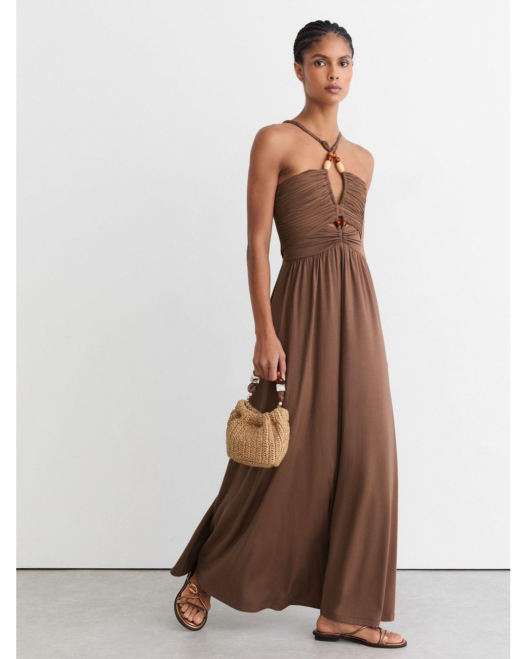 Reiss Green Eloise Jersey Bead-Detail Ruched Maxi Dress