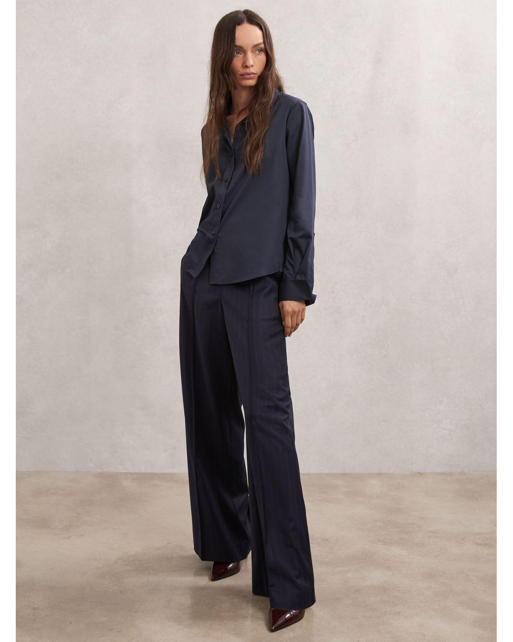Reiss Blue Wool-Blend Pinstripe Wide-Leg Trousers