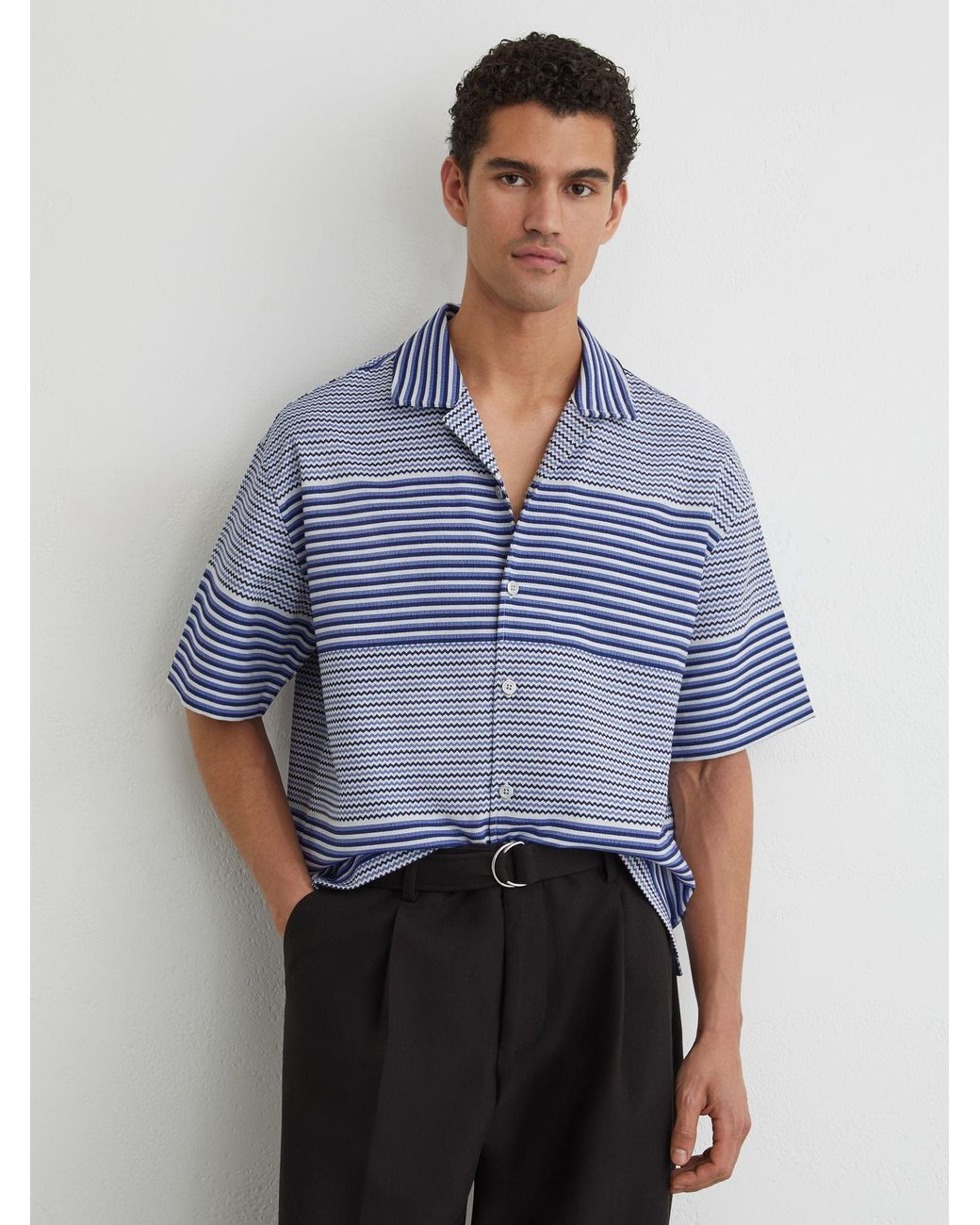 Reiss Solstice - Bright Blue Striped Cuban-collar Shirt With Cotton, M for men