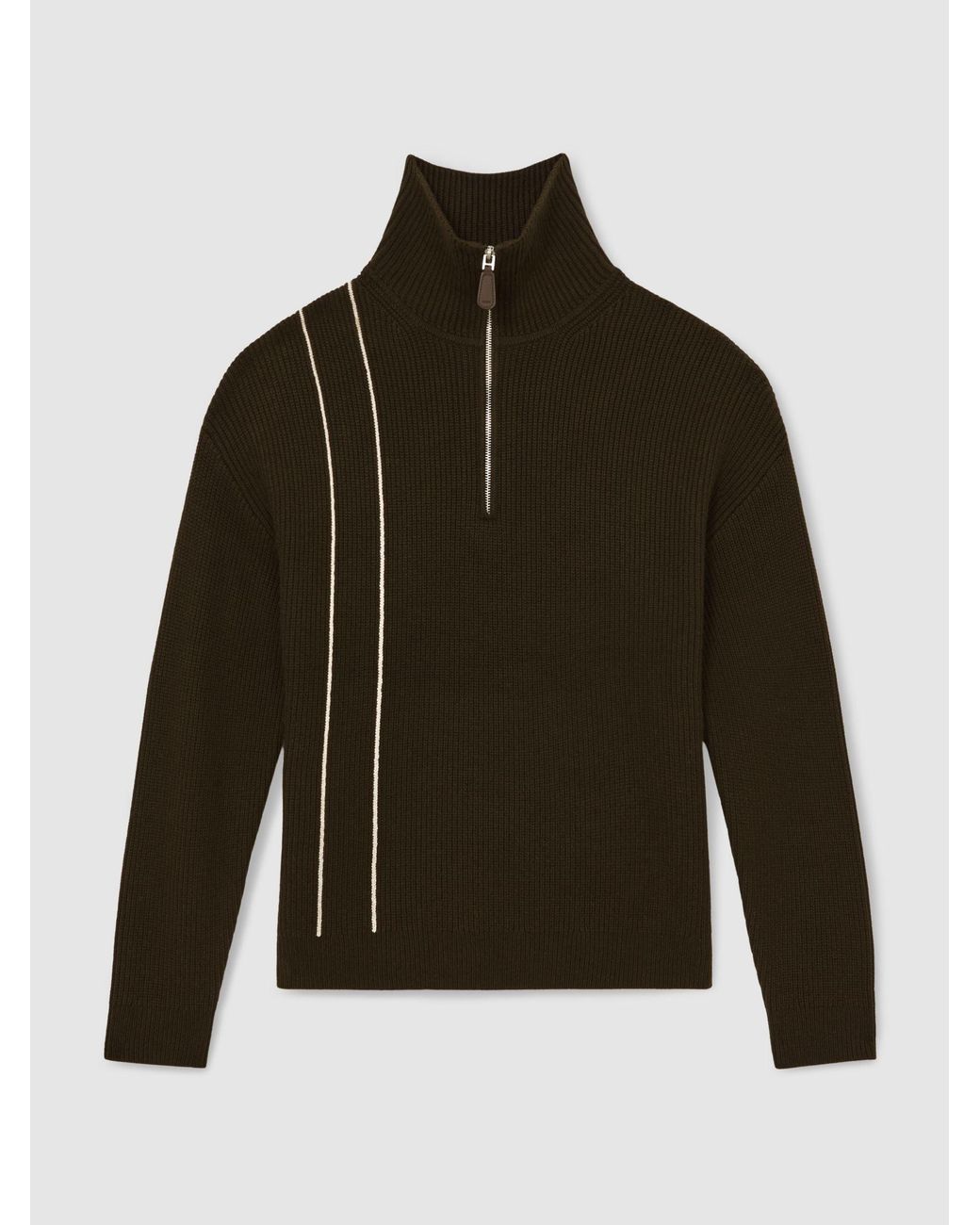 Reiss Brown Rib-Knit Stitch-Detail Half-Zip Jumper With Wool for men