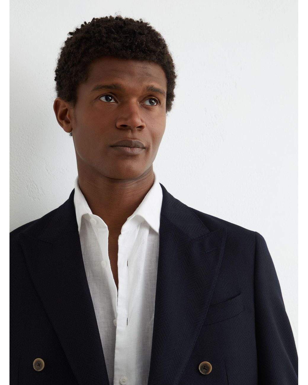 Reiss White Tailored Fit Wool Herringbone Double-Breasted Blazer for men