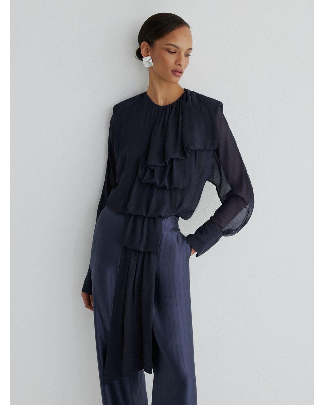 ATELIER Blue Sheer Draped Ruffle-Detail Blouse