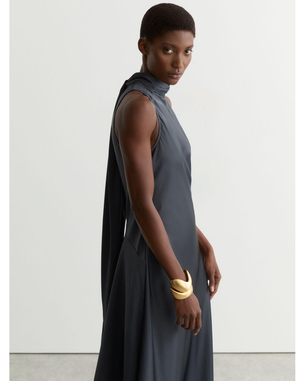 Reiss Blue Fae - Grey Petite Satin Cape Maxi Dress, Us 10