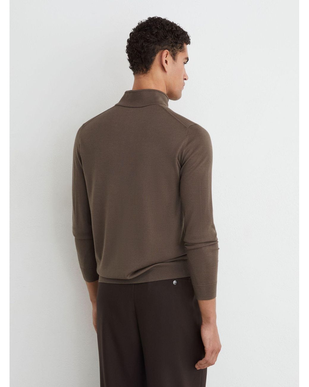 Reiss Brown Merino Wool Funnel-Neck Half-Button Jumper for men