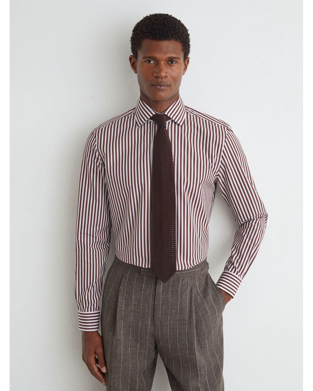 ATELIER Brown Cotton Bengal-Stripe Regular-Fit Shirt for men