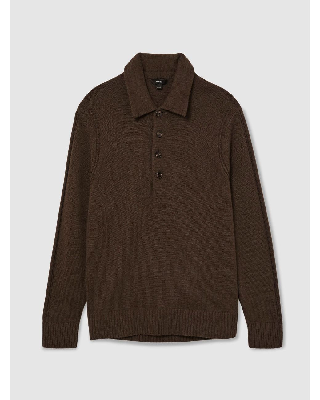 Reiss Brown Wool-Cashmere Half-Button Polo Jumper for men