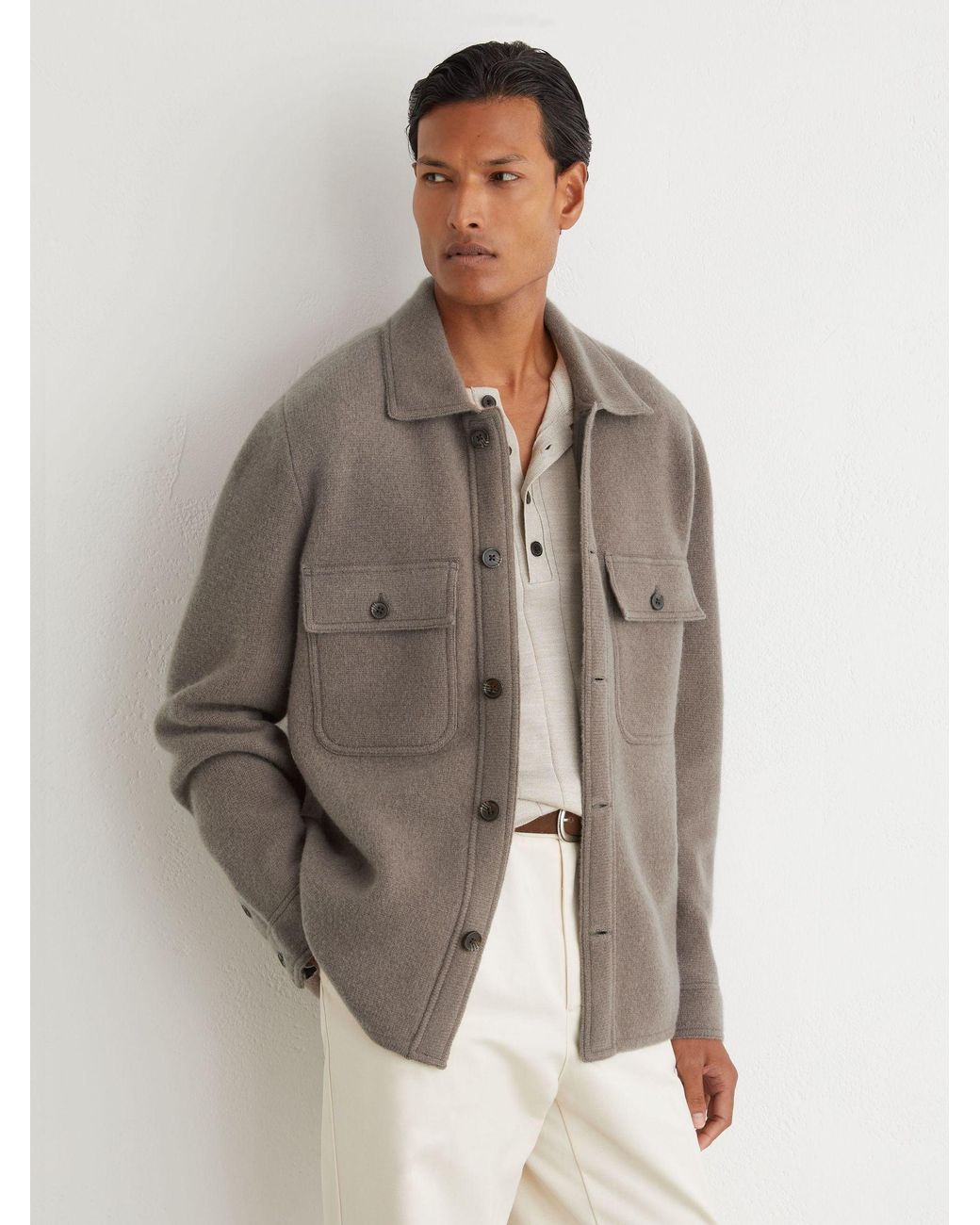 Reiss Banstead - Taupe Brown Brushed Wool Button-through Relaxed Overshirt, Xs for men